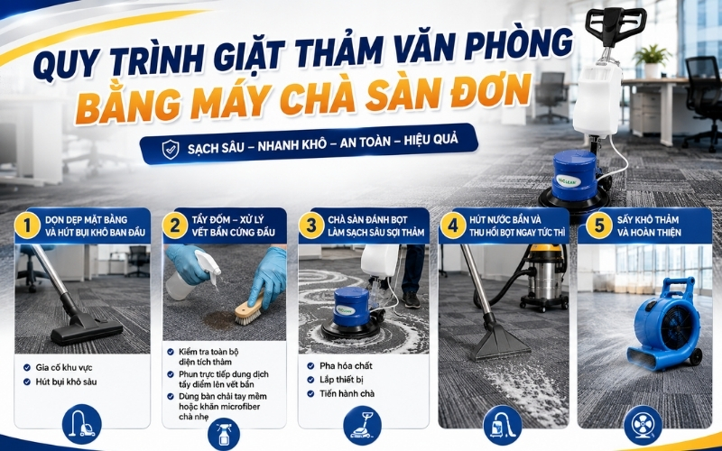 Quy trình giặt thảm văn phòng bằng máy chà sàn đơn 